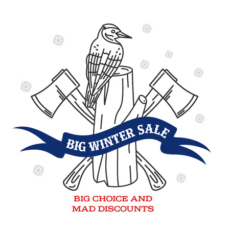 inter sale background with pine stumps, woodpecker, ax woodcutters and banner. Sale stiker. Big Winter sale label. Christmas sale. New year sale. Vector illustrationのイラスト素材
