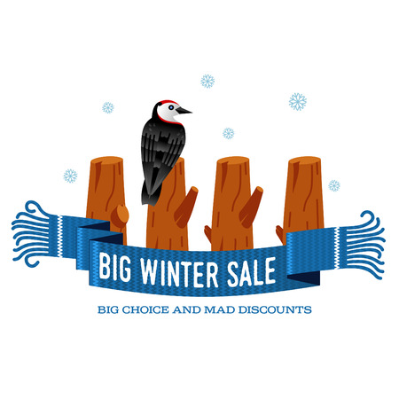 Winter sale background with pine stumps, woodpecker and banner. Sale stiker. Big Winter sale label. Christmas sale. New year sale. Vector illustrationのイラスト素材