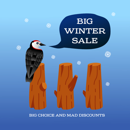 Winter sale background with pine stumps, woodpecker and banner. Sale stiker. Big Winter sale label. Christmas sale. New year sale. Vector illustrationのイラスト素材