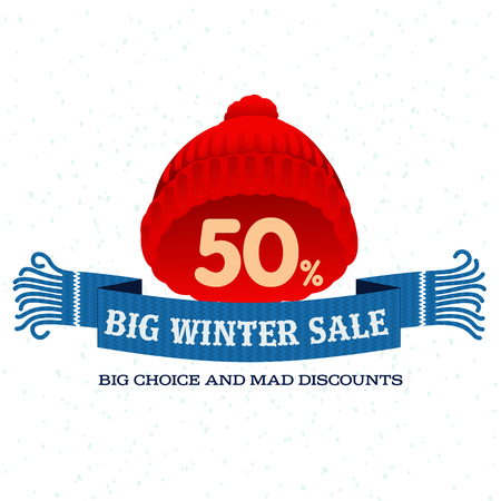 Winter sale background with woolen knitted cap and woolen scarf banner. Sale stiker. Big Winter sale label. Christmas sale. New year sale. Vector illustrationのイラスト素材