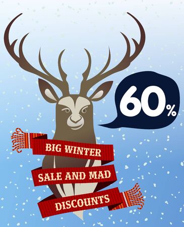 Winter sale background with deer antlered and woolen scarf banner. Sale stiker. Big Winter sale label. Christmas sale. New year sale. Vector illustrationのイラスト素材