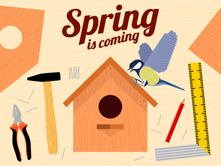Wooden desk carpente rwith a  birdhouse titmouse and toolsのイラスト素材