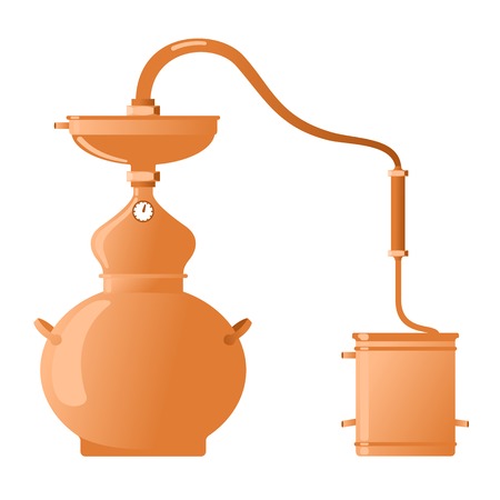 The distillation apparatus for the production of whiskey, moonshine, alcohol, and vodka - Copper alambik. flat  Illustration.  Isolated on a white background.のイラスト素材