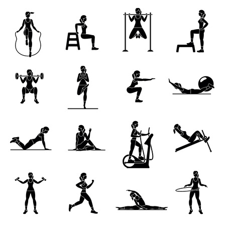 Fitness, Aerobic and workout exercise in gym. Vector set of gym icons isolated on white background. People in gym. Gym equipment, dumbbell, weights, treadmill, ball.のイラスト素材