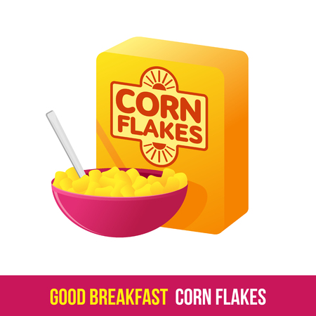 Vector flat icon packing box cereal and a bowl of cereal and milk. Fresh and healthy breakfast, diet food. Brochures, advertisements, web design, web icon, food menu. Isolated on a white backgroundのイラスト素材