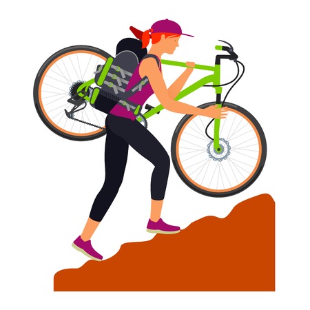 Woman climbs uphill and carries his bike on his shoulder. Traveling. Vector flat Illustration. Web graphics, banners, advertisements, brochures, business templates. Isolated on a white backgroundのイラスト素材