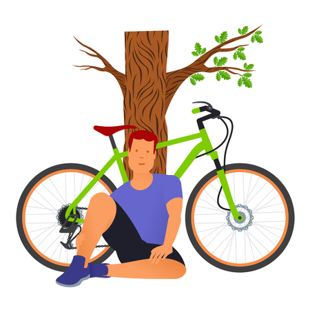 Seated man rests from cycling, leaning against a tree trunkTraveling. Vector flat Illustration. Web graphics, banners, advertisements, brochures, business templates. Isolated on a white backgroundのイラスト素材
