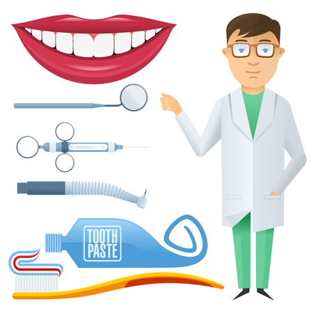 Vector set into flat style on dental clinic. Brochures, promotional materials, banners, web design. Isolated on a white backgroundのイラスト素材