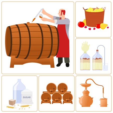 Vector flat icons - production of whiskey, moonshine, alcohol, and vodka. Isolated on a white background.のイラスト素材