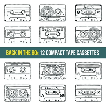 Vector set of compact tape cassettes. Web graphics, banners, advertisements, stickers, labels, business templates, t-shirt. Isolated on a white backgroundのイラスト素材