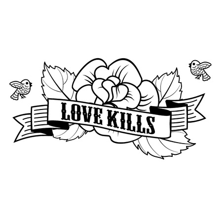 Vector label with skull, rose, birds, ribbon and the words Love kills . Web graphics, tattoo, advertisements, brochures, labels, stikers Isolated on a white backgroundのイラスト素材