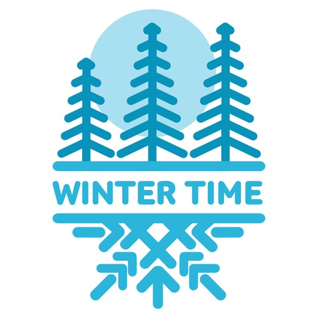 Blue wintertime sticker. Pine forest. Winter, christmas, new year. Vector line Illustration. Web banners, advertisements, brochures, business templates Isolated on a white backgroundのイラスト素材