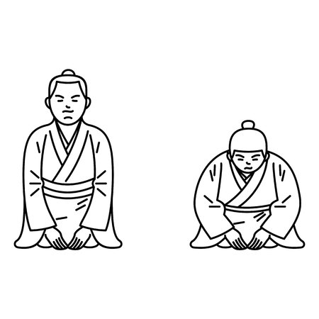 Vector illustration sitting japanese boy. Traditional Japanese clothes Advertisements, signs, stickers, web banners, signage. Isolated on a white background.のイラスト素材