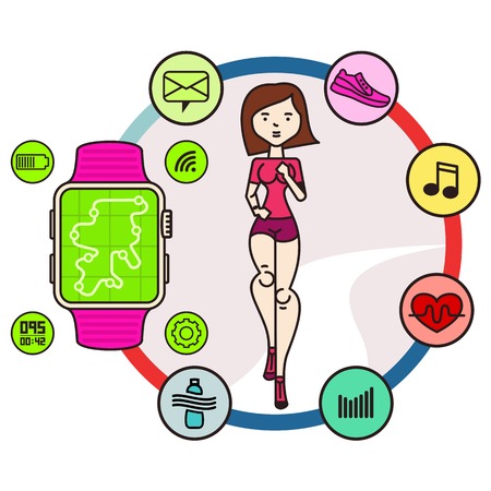 Vector icons running girl and smart watch with watch app in cartoon style. Motivational poster, banners, brochures, covers. Watch icon on smart watch screen. Isolated on white background.のイラスト素材