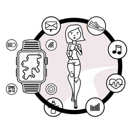 Vector icons running girl and smart watch with watch app in cartoon style. Motivational poster, banners, brochures, covers. Watch icon on smart watch screen. Isolated on white background.のイラスト素材