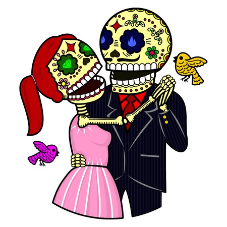 Vector flat and linear Illustration of skeleton. Lovers man and woman dancing tango. Web banners, advertisements, brochures, business templates. Isolated on a white background.のイラスト素材