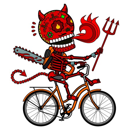 Demon with a chainsaw and a trident riding a bicycle. Vector flat and linear Illustration of skeleton. Web banners, advertisements, brochures, business templates. Isolated on a white background.のイラスト素材