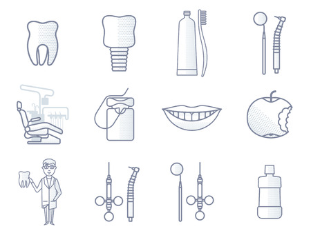 Vector line dental icon. Dental clinic, tooth, toothpaste, implant, smile, dental tools, dentist chair. Brochures, advertisements manuals technical descriptions Isolated on a white backgroundのイラスト素材