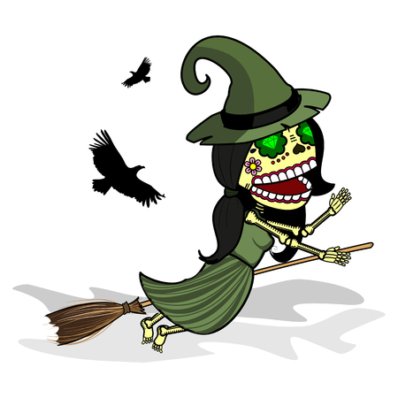 The witch flying on a broomstick. Vector flat and linear Illustration of skeleton. Web banners, advertisements, brochures, business templates. Isolated on a white background.のイラスト素材