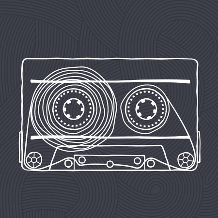 Vector black and white illustration compact tape cassettes. Web graphics, banners, advertisements, stickers, labels, business templates, t-shirt. Isolated on a black backgroundのイラスト素材