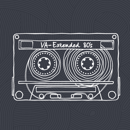 Vector black and white illustration compact tape cassettes. Web graphics, banners, advertisements, stickers, labels, business templates, t-shirt. Isolated on a black backgroundのイラスト素材