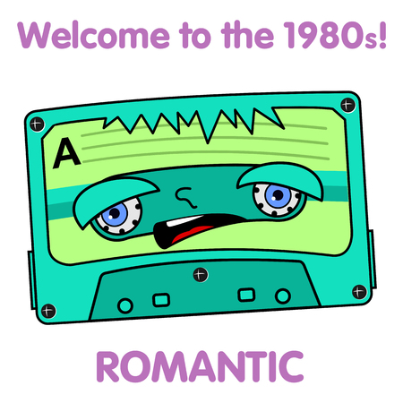 Vector illustration compact tape cassettes. Cartoon character. Pop muisic 80s. Web graphics, banners, advertisements, stickers, labels, business templates, t-shirt. Isolated on a white backgroundのイラスト素材