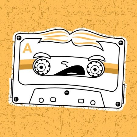 Vector illustration compact tape cassettes. Cartoon character. Pop muisic 80s. Web graphics, banners, advertisements, stickers, labels, business templates, t-shirt. On a color backgroundのイラスト素材
