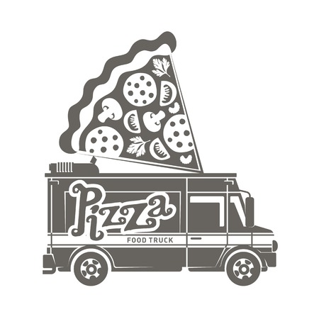 Food truck logo vector illustration. Vintage style badges and labels design concept for food delivery service vehicles. Black and white logo templates for your design. Isolated on a white backgroundのイラスト素材