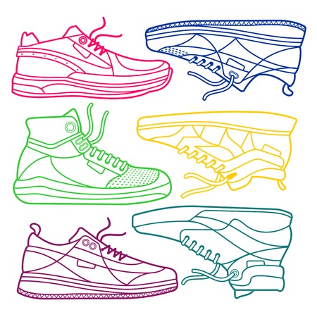 Vector illustration of sneakers. Sports shoes in a line style. Advertisements, brochures, business templates. Isolated on a white backgroundのイラスト素材