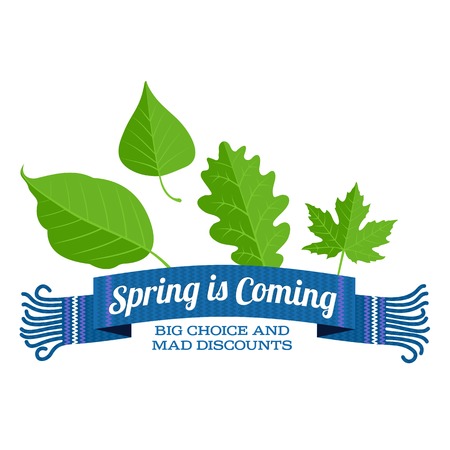 Spring vector sales banner With a scarf and green leaves. Web graphics, banners, greeting card, ad, promotion, poster, flier, blog, article, social media, marketing. Isolated on a white backgroundのイラスト素材