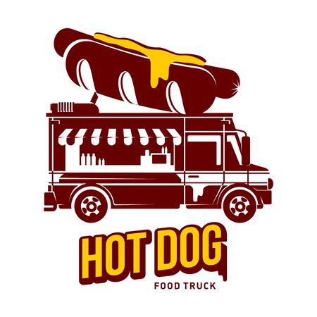 Hot dog food truck logo vector illustration. Vintage style badges and labels design concept for food delivery service vehicles. Two tone logo templates for your design. Isolated on a white backgroundのイラスト素材