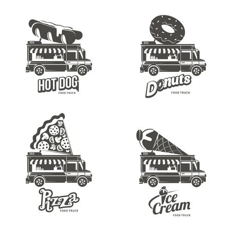 Food truck logo vector illustration. Vintage style badges and labels design concept for food delivery service vehicles. Black and white logo templates for your design. Isolated on a white backgroundのイラスト素材