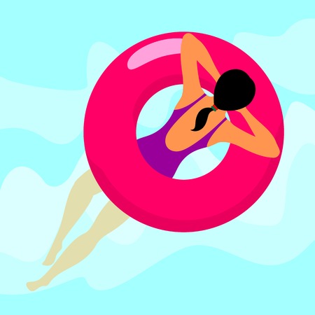 Young woman resting on floating red rubber ring on swimming pool water background. Summer rest. Sea vacation. Web graphics, banners, brochures, business templates. Vector flat illustration.のイラスト素材