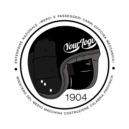Vector illustration of motorcycle helmet. Emblems and label. Trendy vintage helmet for drivers of motorcycles and scooters, popular means of transport in a modern city. Isolated on a white backgroundのイラスト素材