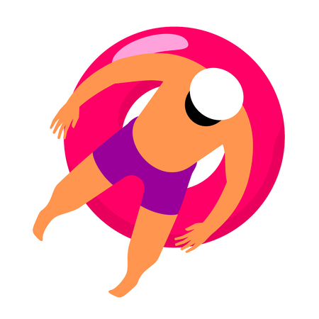 Man resting on floating red rubber ring on swimming pool water. Summer rest. Sea vacation. Web graphics, banners, brochures, business templates. Vector flat illustration.のイラスト素材