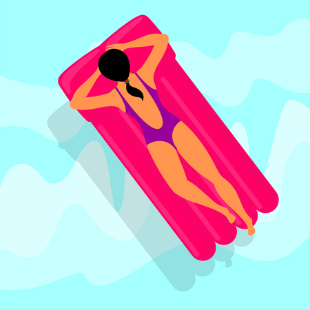 Young woman resting on red floating air mattress on swimming pool water. Summer rest. Sea vacation. Web graphics, banners, brochures, business templates. Vector flat illustration.のイラスト素材