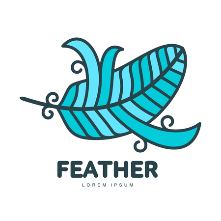 Blue feather logo template. Graphic bird feather logotype with the text below, flight, nature, environment, concept of growth and development. Vector illustration isolated on white background.のイラスト素材
