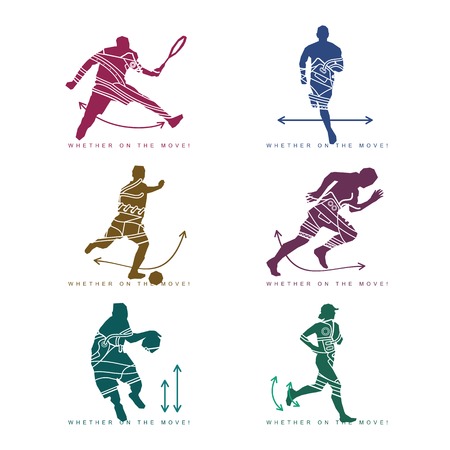 Vector illustration of silhouette of an athlete and sneakers. Sports shoes in a line style. Tennis player, football player, runner, basketball player. Isolated on a white backgroundのイラスト素材