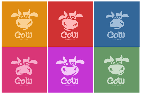 Funny cow head set logo template. Funny, smiling, sad cow face for dairy products, beef, logo design of agricultural products. Cartoon vector illustration on color background.のイラスト素材