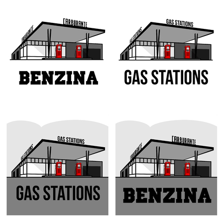 Vector set illustration of vintage gas stations. Retro gas stations. Oil, fueling petrol with shop. Advertisements, brochures, business templates. Isolated on a white backgroundのイラスト素材