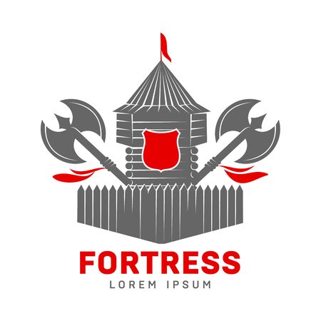 Abstract label and template, wood tower silhouette with flags and spear template for business card, poster, banner, design elements.のイラスト素材