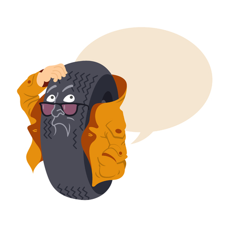 Vector flat cartoon caricature character tire with bubble. Character wheel worried about problems. Vector template for business card, poster, banner, design elements.のイラスト素材