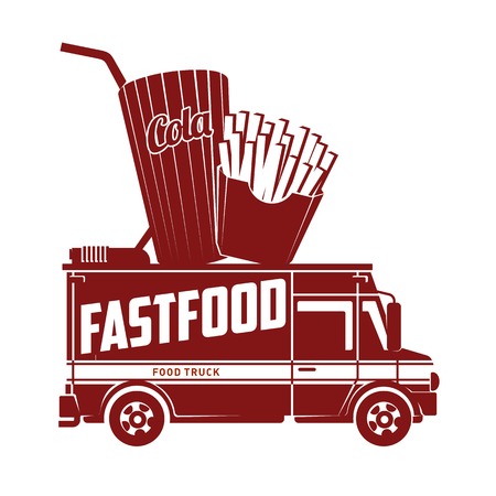 Fast food foodtruck logo vector illustration. Badges and labels design concept for american fast food. Cola and french fries. Two colors logo templates for your design. Isolated on a white backgroundのイラスト素材
