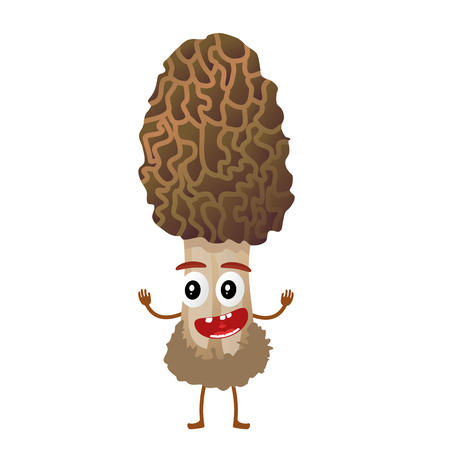 Funny mushroom morell character, mascot, cartoon vector illustration isolated on white background. Humanized, childish mushroom with smiling faces, arms and legs. Autumn, fallen leaves, dry grass.のイラスト素材