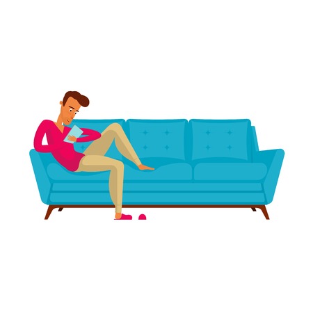 Man on the sofa reading an e-book. Blue leather luxury sofa for modern living room reception or lounge single object. Flat design vector illustration isolated on white background.のイラスト素材