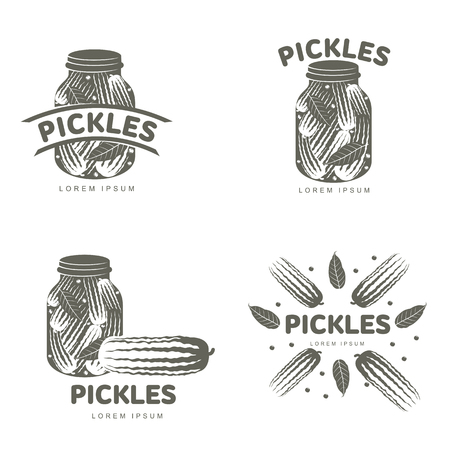 Pickles logo set for your design. Home canning, glass jar, pickle, cucumber, marinade, black peppercorn, bay leaf, brine. Pickles badges, labels. Vector illustration isolated on white backgroundのイラスト素材