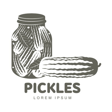 Pickles logo for your design. Home canning, glass jar, pickle, cucumber, marinade, black peppercorn, bay leaf, brine. Pickles badges, labels Vector illustration isolated on white backgroundのイラスト素材