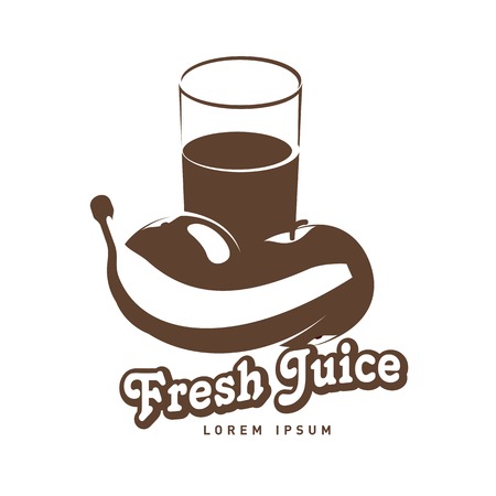 Fesh juice logo vector illustration. Vintage style badges and labels design concept glasses of fresh juices orange, apple and fruits. Two colors logo isolated on a white background.のイラスト素材