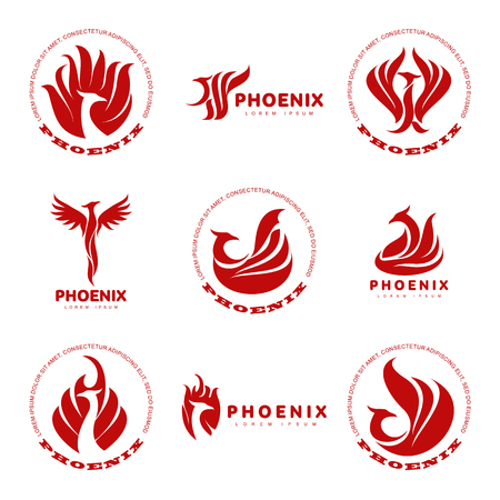 Set of stylized graphic phoenix bird logo templates. Collection of creative phoenix bird logotype templates, growth, development, power concept. Vector illustration isolated on white background.のイラスト素材