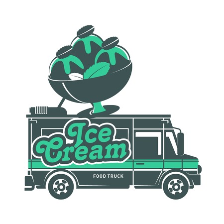 Food truck ice cream vector illustration. Vintage style badges and labels design concept for confectionery and food delivery service vehicles. Isolated on a white backgroundのイラスト素材
